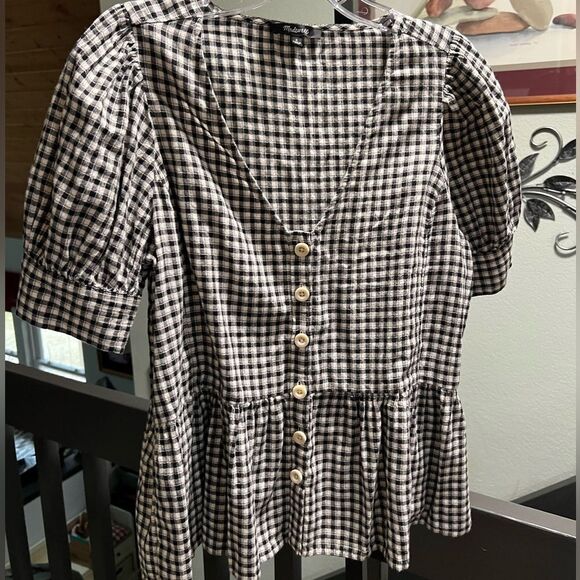 EUC Madewell Small Black& White Checkered Blouse V-neck, Short Sleeves #113 - Picture 1 of 4